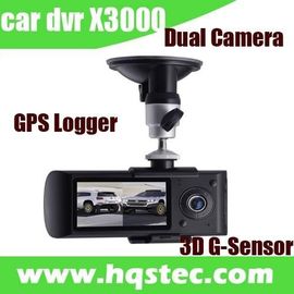 2 coche Black Box del coche DVR del canal con el G-sensor y LCD duales HQS-X3000 del perseguidor 3D de GPS de la cámara